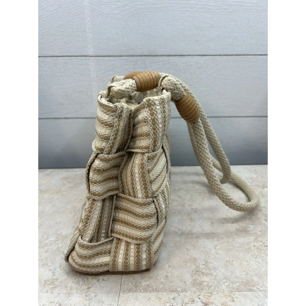 Vintage Handbag White & Brown Straw Woven Purse Rope Handles Made In Italy - Picture 2 of 10